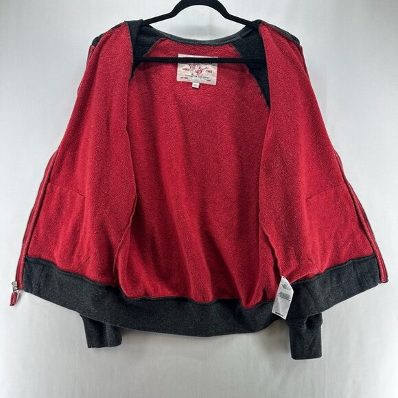 True Religion Hoodie Mens L Colorblock Fleece Full Zip Sweatshirt Red Black - Picture 2 of 14